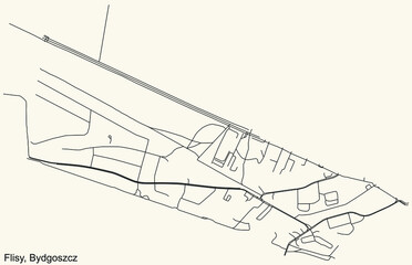 Detailed navigation urban street roads map on vintage beige background of the quarter Flisy district of the Polish regional capital city of Bydgoszcz, Poland