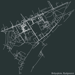 Detailed negative navigation urban street roads map on dark gray background of the quarter Brdyujście district of the Polish regional capital city of Bydgoszcz, Poland