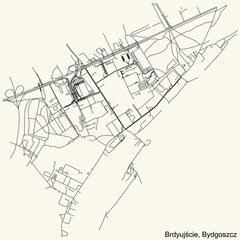 Fototapeta na wymiar Detailed navigation urban street roads map on vintage beige background of the quarter Brdyujście district of the Polish regional capital city of Bydgoszcz, Poland