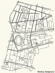 Detailed navigation urban street roads map on vintage beige background of the quarter Bielawy district of the Polish regional capital city of Bydgoszcz, Poland