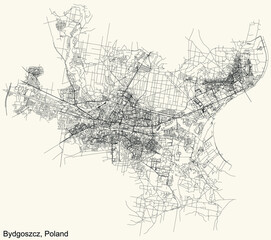 Fototapeta na wymiar Detailed navigation urban street roads map on vintage beige background of the Polish regional capital city of Bydgoszcz, Poland