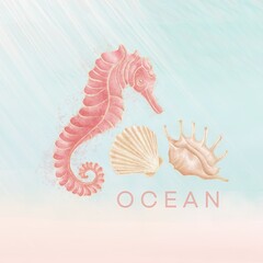 Composition, logo on the sea theme, seahorse, beige shells on the background of the seabed