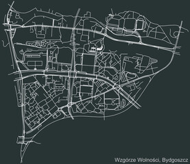 Detailed negative navigation urban street roads map on dark gray background of the quarter Wzgórze Wolności district of the Polish regional capital city of Bydgoszcz, Poland