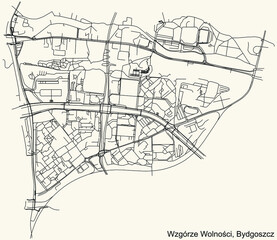 Obraz premium Detailed navigation urban street roads map on vintage beige background of the quarter Wzgórze Wolności district of the Polish regional capital city of Bydgoszcz, Poland