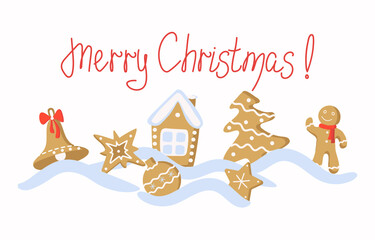 Christmas gingerbread man, house, tree, stars and Christmas figurines. Fancy cookies, a traditional holiday dessert. Winter holiday vector illustration with isolated background.