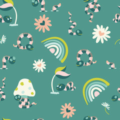 Cute Funny Worms in Nature Vector Seamless Kids Pattern