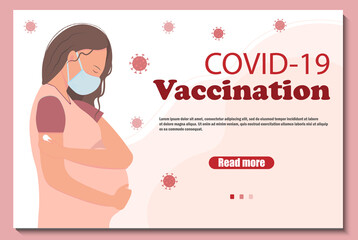 Obraz premium Web banner with pregnant woman in medical mask after vaccination, vaccination for pregnant, healthcare concept, medicine concept
