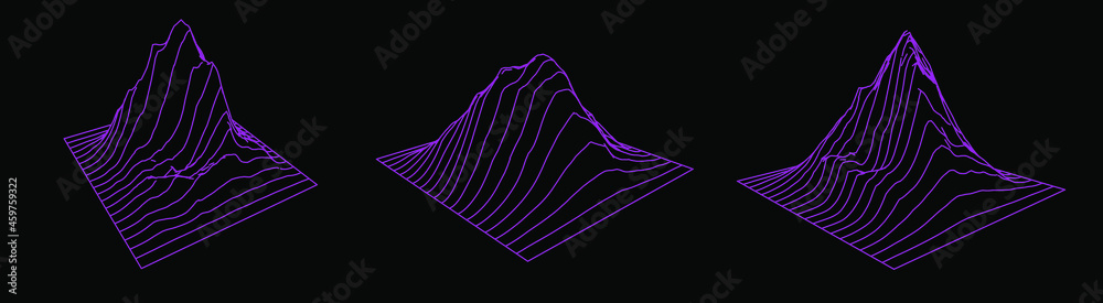 Aufkleber Set of a glitched and distorted 3d models. Abstract vector elements with wireframe grid.