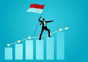 Businessman holding the flag of Indonesia standing on increasing graphic chart - obrazy, fototapety, plakaty