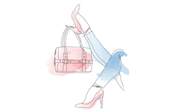 Hand drawn stylish accessories. Fashion shoes, bag. Sketch. Vector illustration.
