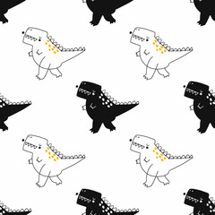 Vector hand-drawn seamless childish pattern with cute doodle dinosaurs on a white background. Kids texture for fabric, wrapping, textile, wallpaper, apparel. Dino. Scandinavian style illustration. © ZHUKO