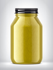 Glass Jar with Mustard  on Background. 