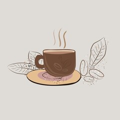 cup with coffee on a saucer with coffee leaves, illustration on the theme of coffee