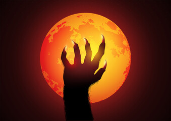 Werewolf hand against the full moon