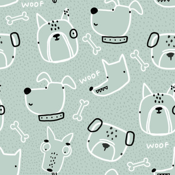 Cute childish seamless hand-drawn pattern with cute dogs, bones, dots on a mint background. Kids repeating texture is ideal for fabrics, cards, textiles, wallpaper, clothing. Puppy background.