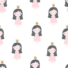 Vector hand-drawn colored childrens seamless repeating pattern with cute girls princesses in a dress with a crown on a white background. Creative kids texture for fabric, wrapping, textile, wallpaper.