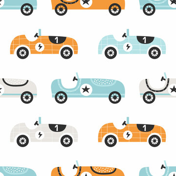 Vector hand-drawn seamless childish pattern with cute retro racing cars on a white background. Kids texture for fabric, wrapping, textile, wallpaper, apparel. Scandinavian design.