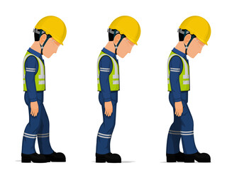 Set of workers are looking down on white background