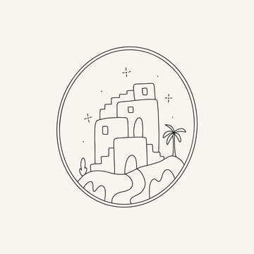 recommend clip art: Bohemian scene of old or ancient houses on island inside the oval frame. Modern line illustration. Trendy boho art. Vector.	