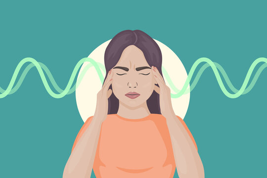 Woman with a headache and dizziness. Havana syndrome. The negative impact of microwaves on humans. Vector illustration at cartoon style. 