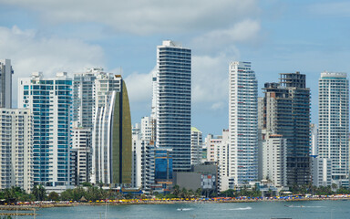 Fototapeta na wymiar Closeup panoramic view of the Cartagena modern Downtown skyline in Colombia