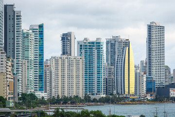 Fototapeta na wymiar Closeup panoramic view of the Cartagena modern Downtown skyline in Colombia