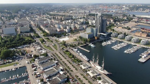 Flying over Gdynia city at the Baltic Sea in Poland, Europe