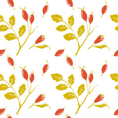 Seamless pattern with autumn rosehip berries and leaves. Colorful paper cut fall woods collection isolated on white background. Doodle hand drawn vector illustration.