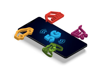 Intelligent 5G Network Concept - 3D isometric mobile with car, home, gaming controller and shopping cart icon on white background
