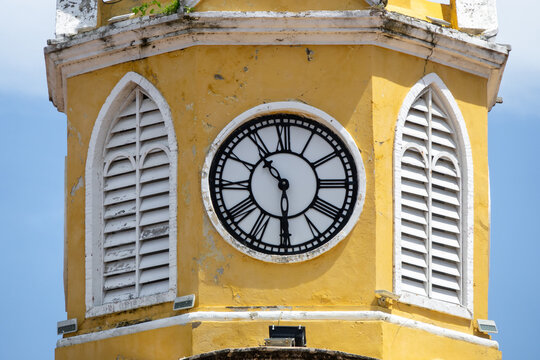 Closeup view of the Clock Tower Monument in Cartagena de Indias, Colombia