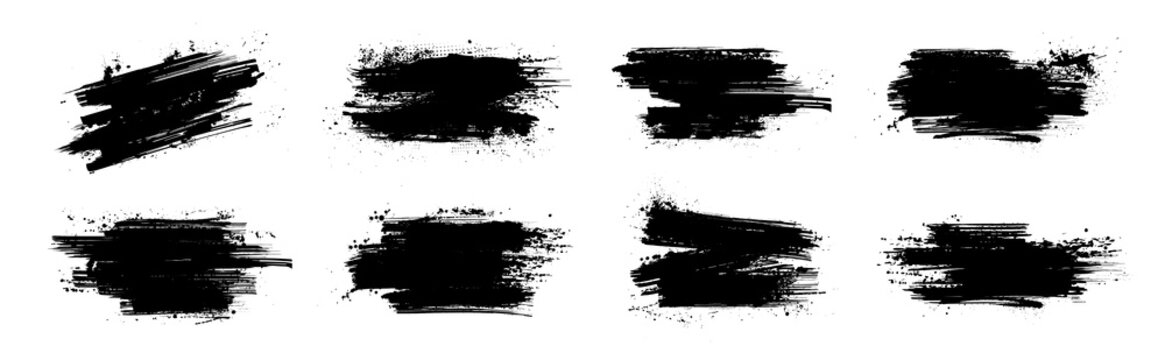 Template ink brushstroke and paintbrush with frame and splashes grunge. Logo template with black ink from brush stroke. Mockup for design dirty artistic. Grunge spatter box with drops blots. Vector