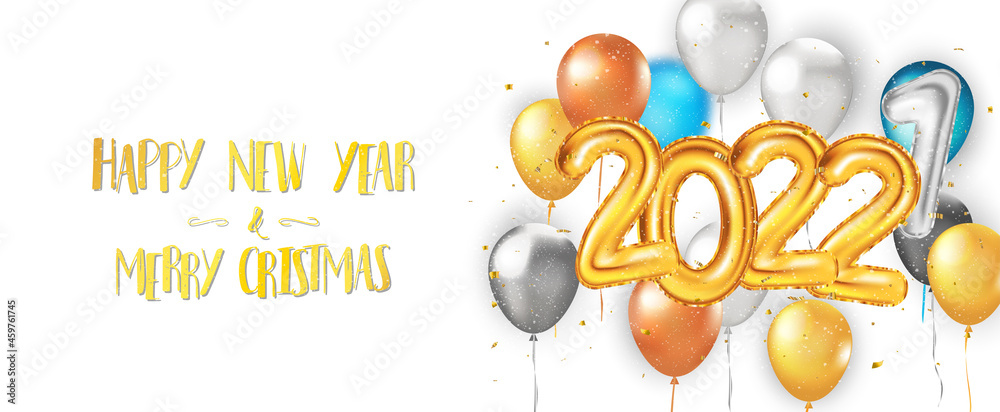 Aufkleber Banner Xmas and Happy New Year 2022 with 3D golden numbers, balloons, confetti and snow. 2022 Merry Christmas and Happy New Year concept. Golden Numbers with effects. Vector illustration Xmas