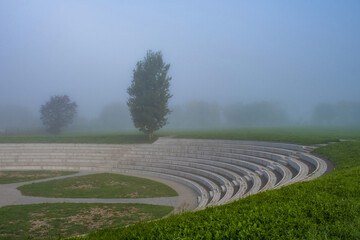 An amphitheater in the early foggy morning in the ancient city of Suzdal.