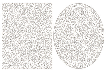 Set of abstract backgrounds contour stained glass, imitation of finely broken glass,dark outlines on a white background, rectangular and oval images