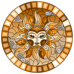 Illustration in the style of a stained glass window with abstract sun in frame,round image,brown tone