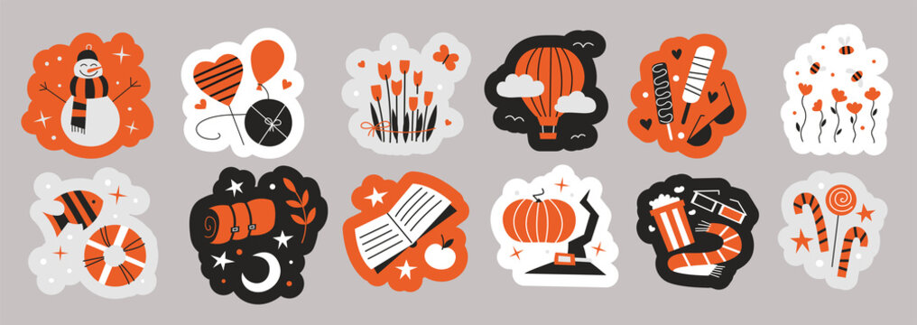 Sticker set. Isolated vector illustrations. Seasons stickers. Snowman hearts love flowers balloon ice cream camping traveling reading movie Halloween Christmas holidays. New Year of tiger 2022