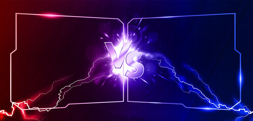 Lightning collision red and blue background with VS letters, concept Versus banner with frame and Powerful colored lightnings and the flash from the collision. Versus battle banner template. Vector