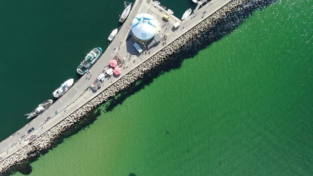 Flying over the port in Hel town and peninsula at the Baltic Sea, Poland, Europe