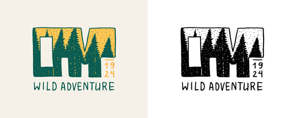 Christmas trees emblem. Wild adventure badge. Fir forest. Engraved hand drawn in old vintage sketch. Doodle Wooden travel logo. Camp sticker. 