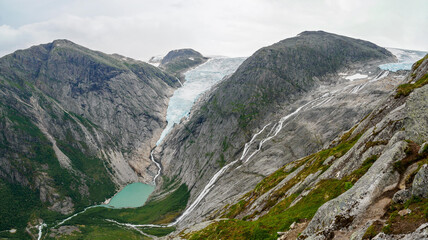 Briksdalbreen glacier and its lagoon from Kattanakken, Jostedalsbreen National Park, Norway.