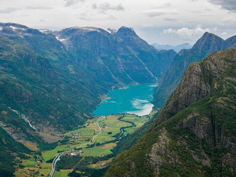 Views of peaks and Oldevatnet lake from Kattanakken, Jostedalsbreen National Park, Norway.