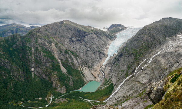 Briksdalbreen glacier and its lagoon from Kattanakken, Jostedalsbreen National Park, Norway.
