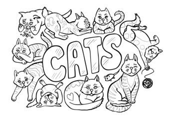 Cute Cats Anti Stress Coloring Page. Black and white hand drawn Cats playing and having fun, poster design isolated, vector illustration