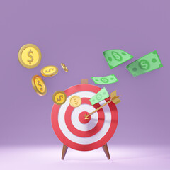 3d red archery target with arrow gold coins and money banknote. Marketing Concept. 3D illustration rendering.