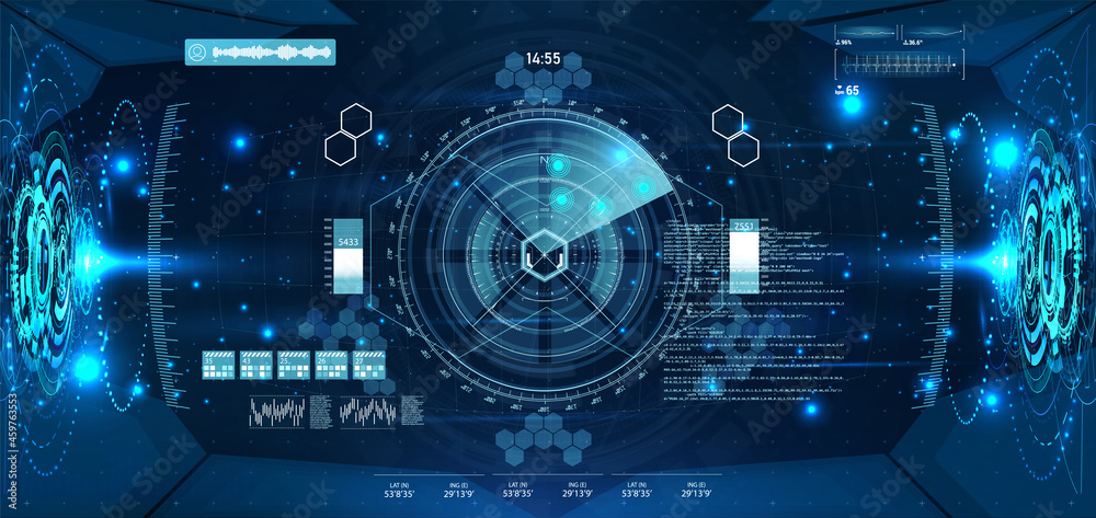 Poster VR helmet view with HUD interface and cyberspace. Head-Up display design virtual reality helmet with futuristic gadgets. Interactive target capture system. HUD, GUI, UI elements. Vector template 