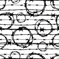 Black ink round and striped barbed wire isolated on white background. Cute monochrome linear seamless pattern. Vector simple flat graphic hand drawn illustration. Texture.