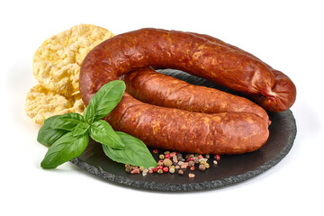 Traditioanal air dried sausage, isolated on white background.