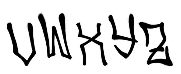 Graffiti spray font alphabet with a spray in black over white. Vector illustration. Part 5