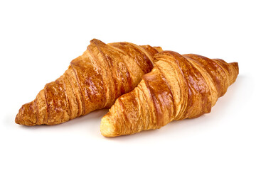 Freshly baked croissants, isolated on white background.