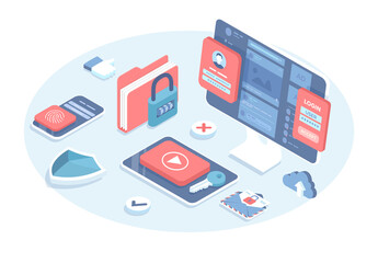 Internet security. Privacy data protection in internet. Password protection, touch id, face id. Vector illustration in 3d design. Isometric web banner.